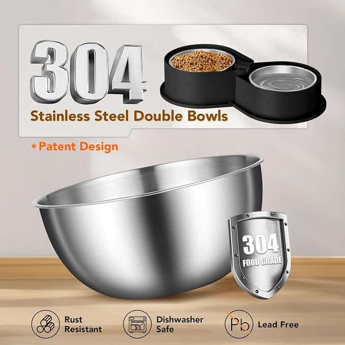 Newget 304 Stainless Steel Dog Bowl Set, 24oz Foldable Pet Dishes, Black | Dual Food & Water Pet Bowl, Anti-Skid, Keeps Food Fresh, Easy to Install, for Small - Large Dogs/Cats - Indoor & Outdoor Use