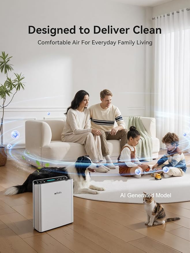 Afloia Air Purifier for Home, 2,000 Ft², PM2.5 Monitor, Washable Pre-Filter | Europa 2.0 White features Smart Auto Mode, a PM2.5 Air Quality Monitor, and a washable pre-filter for pet-friendly homes.