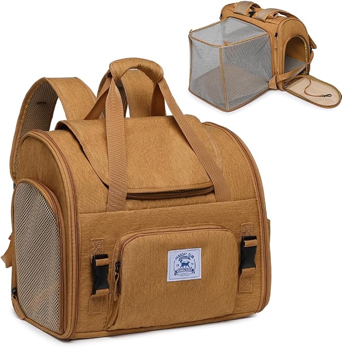 Pet Backpack Carrier for Small Dogs Medium,Large Cats, Puppies,Breathable and Collapsible Design, Portable Travel Bag for Bearded Dragon,Rabbit Cage (Brown +Two-Shoulder, Large)