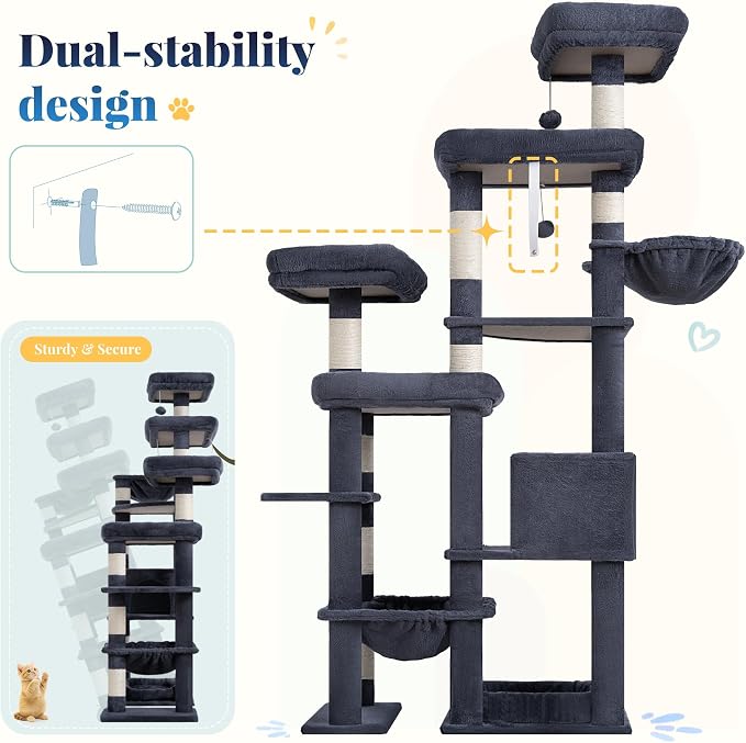 Hey-brother Cat Tree Tower, Wide Base, 5 Platforms for Multi-Cats, MPJ074G | 72.8 Inches Tall Furniture, 5 Plush Beds, Large Condo, Big Hammocks, Sisal Scratching Posts, for Indoor Adult Cat, Smoky Gray