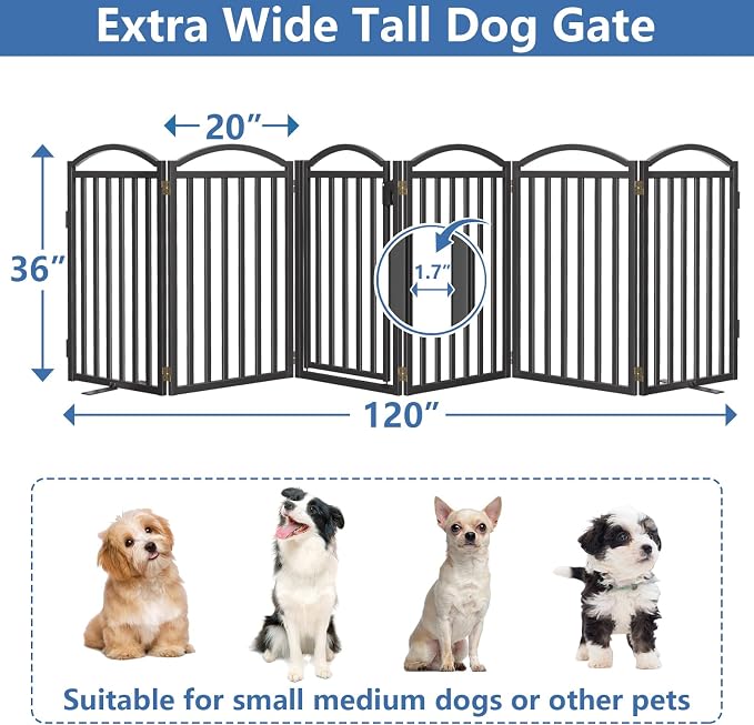 Malier Metal Freestanding Dog Gates, Outdoor Indoor Dog Fences, Extra Wide Foldable Puppy Gate for Stairs, Hallways, Yard