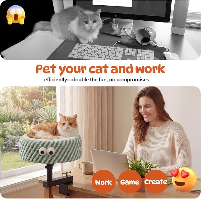Cat Desk Bed, 2-in-1 Clamp On Desk Mount Perch & Nest, 360° Rotating Adjustable, 60 LBS Safe Weight Capacity, Washable Cushion for Small & Large Cats, Home Office Desk Hammock (Green)