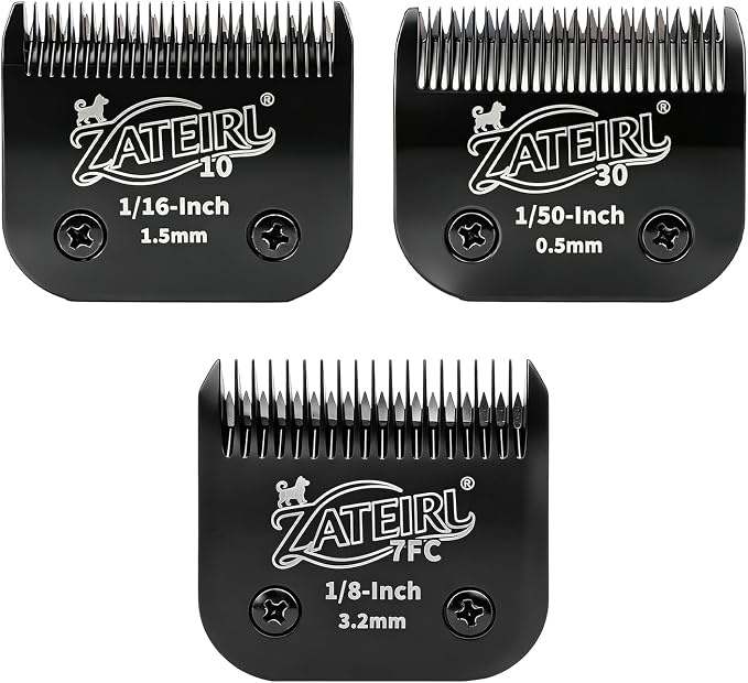 3 Pack Pet Grooming Clipper Blades with Steel Cutters, Sizes 10, 30 & 7FC, Black, Compatible with Andis, Oster A5, Wahl KM10 A5 Style Dog Clippers