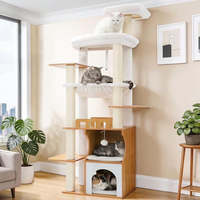 Gitelsnour Modern Cat Tree Tower, 2-Layer Condo & Perch, Big Hammock 102WB | 70.9''Wooden Cat Tower House Large Platform with Safe Guardrail for Indoor Cats Adult, All Sisal Scratching Post, Walnut