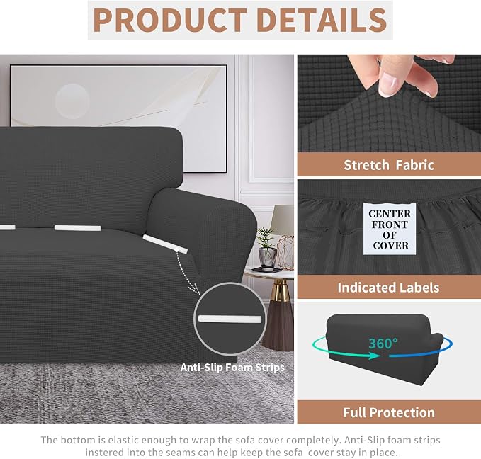 Easy-Going 100% Waterproof Couch Cover, 3 Cushion Oversized Sofa Cover | Leakproof Sofa Slipcover, Stretch Jacquard Furniture Protector Against Stain Spill from Kids, Pets, Dog, Dark Gray