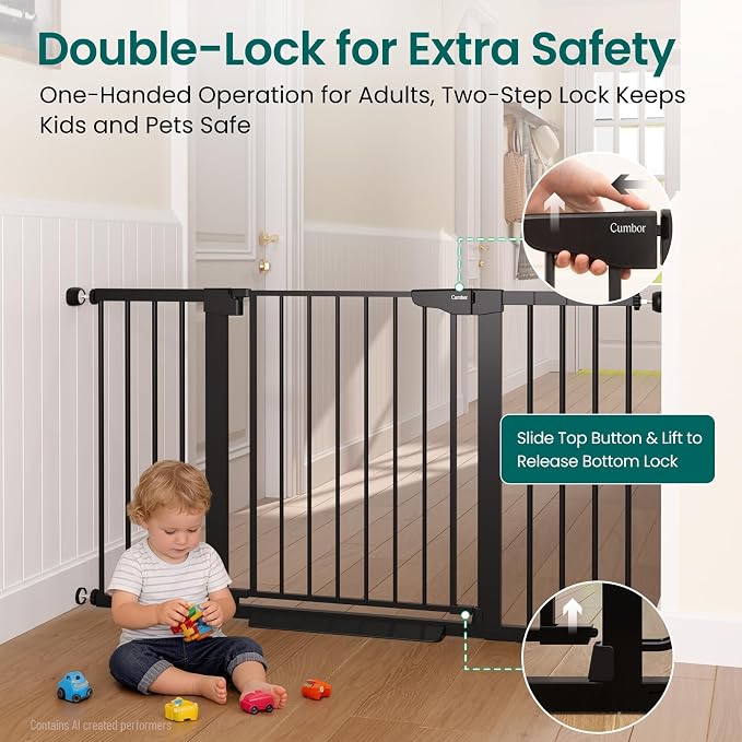 Cumbor 30-54" Extra Wide Baby Gate for Stairs & Auto Close Dog Gate Black | Dual Lock Easy Install Pet Gate for Doorways, Hallways & Kitchen, Pressure Mounted, Easy Walk Thru Safety Proofing