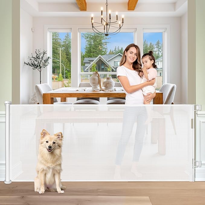 65" Wide Retractable Baby Gate for Doorways Retractable Dog Gate for Stairs | Space-Saving Indoor/Outdoor Retractable Gate, Easy One-Hand Operation Safety Lock, Scratch-Resistant Mesh, Easy Install/White