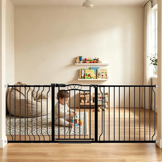 Fairy Baby 71.7"-81.1" Extra Wide Baby Gate for Doorways, Large Pet Gate for Wide Openings, Pressure Mounted Safety Child Gate for Stairs, Metal Auto Close Long Dog Gate with Door Walk Thru, Black