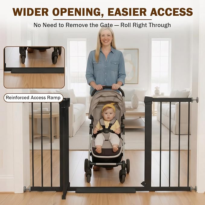 Mumeasy 29.7–51 Inch Extra Wide Baby Gate for Stairs, Extra Long Indoor Dog Gate for Doorways, Pressure Mounted Walk Thru Child Gate with Auto-Close, No-Drill Safety Pet Gate with Door for House,Black