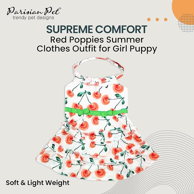 Parisian Pet Floral Dog Dress - Summer Cotton Clothes for Large Dogs Girl - Red Poppies Pet Dress - Stylish Boho Dog Beach Outfit - Adjustable Puppy Clothes - Lightweight Dresses for Dogs