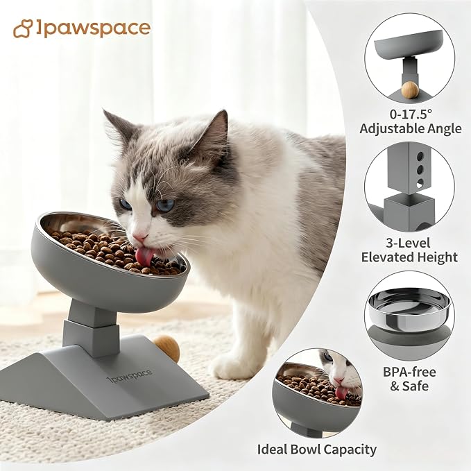 Raised Cat Bowl,Elevated Cat Bowl Stand with 3-Level Height,Grey | 25 OZ Large Capacity,304 Stainless Steel,5.6''/6.2''/6.8'' Height Elevated,0-17.5° tilt Neck-Friendly,Cats and Puppy