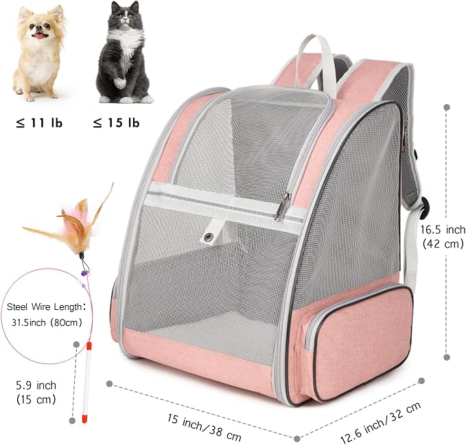 Cat Backpack Carrier, Large Pet Backpack with Kitten Wand Feather Toy for Medium Small Dog Cat Puppy Kitty Bunny up to 15lbs, Ventilated Mesh Dog Travel Carrier for Hiking Walking Outdoor Use (Pink)