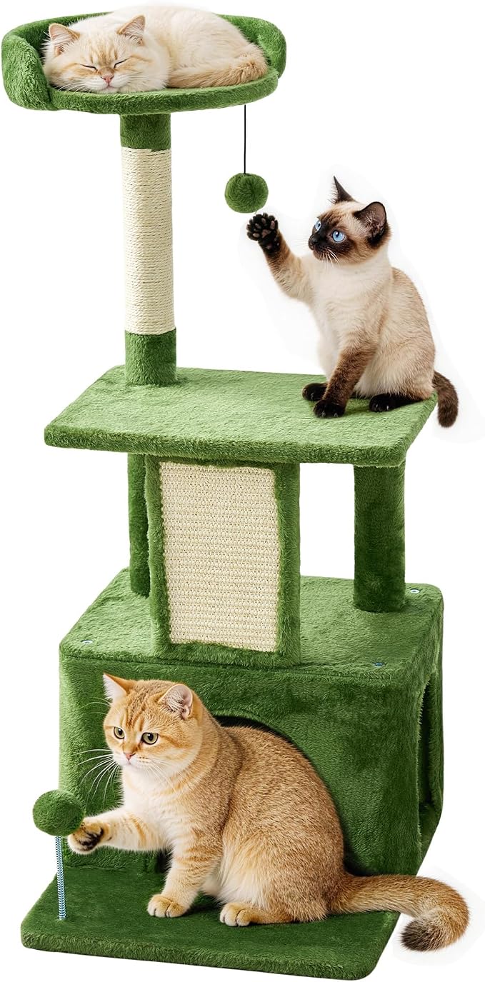 32.8inch Small Cat Tree Tower Condo for Indoor Cats, Soft Plush Multi-Level Climbing Tree Cat House with Cat Cave, Scratching Post, Sisal Rope, Green