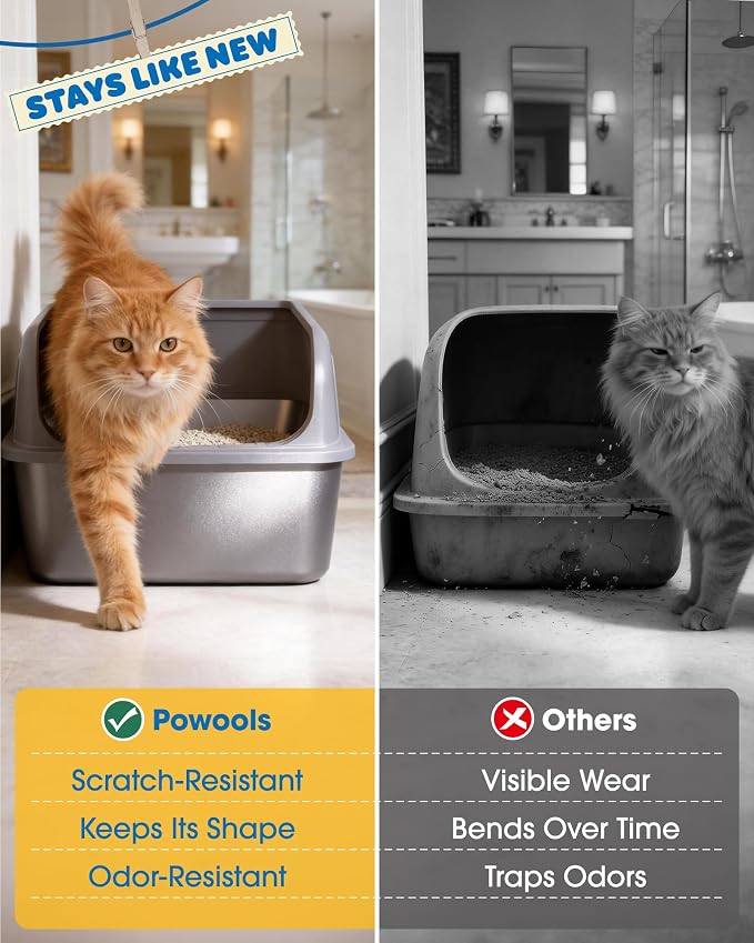 Powools Stainless Steel Cat Litter Box, High-Sided, Grey, M (2 Pack) | Metal Litter Box with Scoop, Anti-Leakage Top Entry, Non-Sticky, Easy to Clean, 6-Inch Splash-Proof Deep Pan