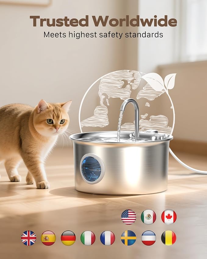 Cat Water Fountain Stainless Steel: Cat Fountain for Drinking - 88oz/2.6L Pet Water Fountain for Cats Indoor - Quiet Cats Water Bowl Dispenser - Pets Feeding & Watering Supplies - for Small Animals