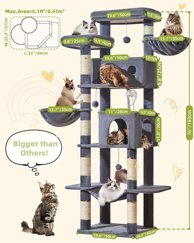 Taoqimiao 76in Cat Tree, Tall Sturdy Cat Tower for Large Indoor Cats MS046G | Easy assembly, Sturdy, Multi Level, Easy Clean, Cozy Condo, Perches, Baskets, Suitable for Kittens and Adult Cats