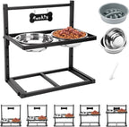 ADENGL Elevated Dog Bowls with Slow Feeder Dog Bowls, 5 Height Adjustable Raised Bowl Stand with 2 Stainless Steel Food & Water Container, Pet Bowl Elevated for Medium Large Pet