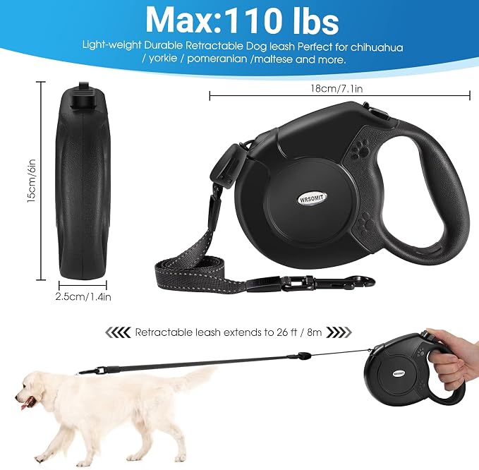 360°No Tangle 26 Ft Retractable Dog Leash for Dogs up to 99lbs | Heavy Duty Pet Walking Leash for Small Medium Large Dogs, Anti-Slip Handle, Strong Nylon Tape, One-Handed Brake, Black