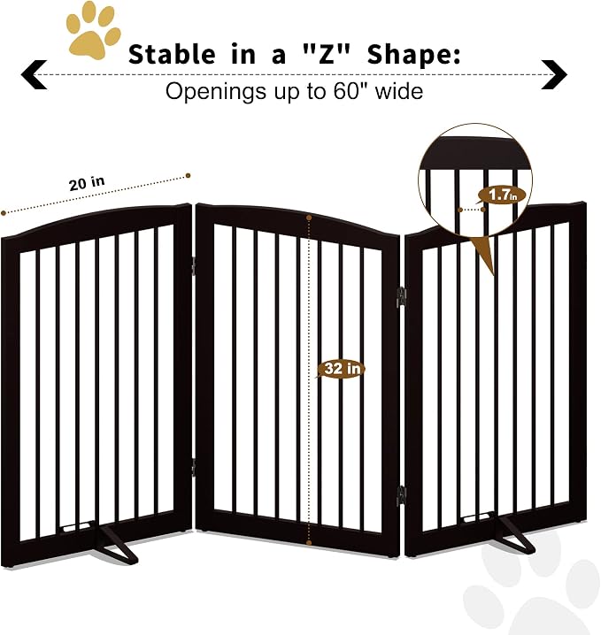 PUPETPO Freestanding Pet Gate for Dogs, Foldable Wooden Dog Gate for House Indoor, Tall Pet Fence for Stair, Doorway,Hall, Support Feet Included, 3 Panels 32",Brown