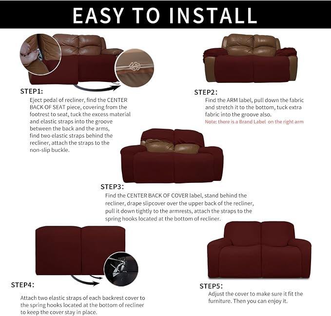 Easy-Going 100% Dual Waterproof Recliner Loveseat Cover, 6-Pieces Stretch Relining Sofa Cover with Pocket, Jacquard 2 Seat Sofa Slipcover Leakproof Washable (Loveseat, Wine)