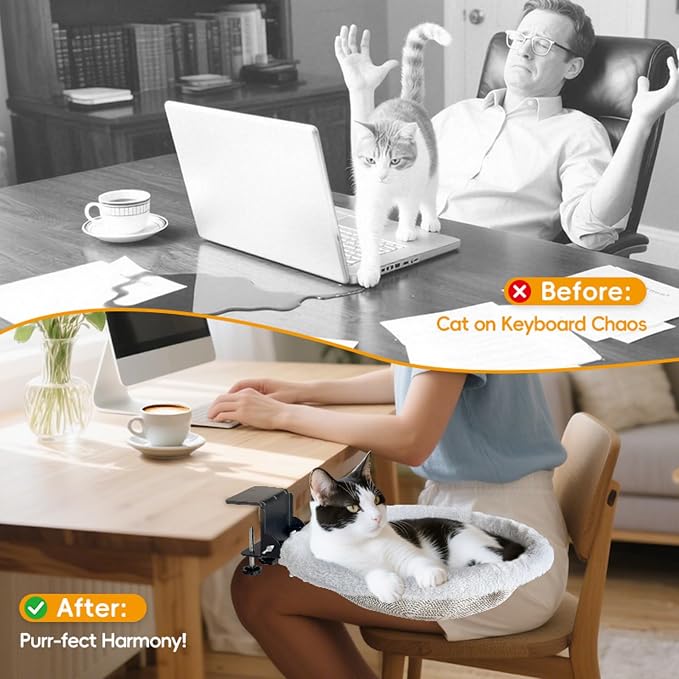 Cat Desk Bed | Supports 50 lb | Desk Mounted Cat Bed Cat Hammock for Desk | Space-Saving Foldable Design Cat Bed for Gaming Desks| removable washable cover | fits a wide range of desk thicknesses