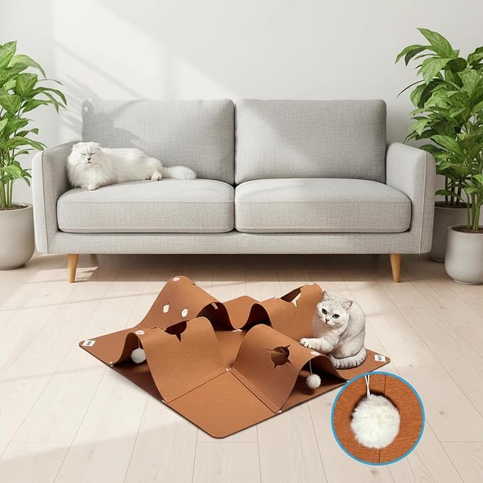 Interactive Cat Tunnel Mat for Indoor Cats, 4-Way Felt Cat Cave with Hanging Ball, Foldable Kitty Play Mat and Hideout, Pet Enrichment Toy for Kittens, Rabbits, Small Pets | 35.4" Multi-Entrance Cat Play Tunnel with Cozy Hideaway Space, Provides Enrich...
