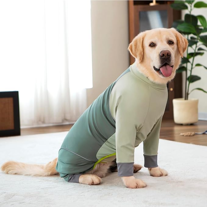 Dog Onesie Coat - Water-Repellent & Stretchable, Dirt-Resistant Outdoor Puppy Suit with Reflective Strips | Controls Shedding | for Small, Medium, Large Dogs (Olive Green, 7XL(Weight 100-138 lbs))