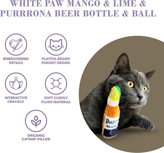 Haute Diggity Kitty White Paw + Purrrona Bottle & Ball, Soft Plush Cat Toys | 4 Pack Catnip Toys with Interactive Crackle & Feathers, Safe & Durable Cat Nip Kicker Toy for Outdoor & Indoor Cats & Kitten