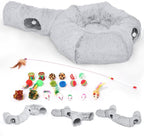Cat Tunnels Bed with 1 Straight Tunnel and 20 Pet Toys - 5 Shapes DIY Indoor Cats Cave - Detachable Soft Cat Donut for Kitten Puppy Rabbit Ferret