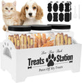 Dog Treat Container for Countertop Dog Food Storage with 3 Plastic Treat Jars Wood Dog Food Container with Handles and Lids Farmhouse Practical Pet Cat Dog Treat Storage Containers (white)