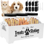 Dog Treat Container for Countertop Dog Food Storage with 3 Plastic Treat Jars Wood Dog Food Container with Handles and Lids Farmhouse Practical Pet Cat Dog Treat Storage Containers (white)