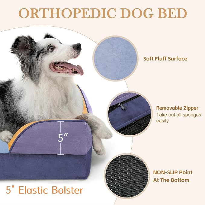 Comfort Expression Orthopedic Dog Bed for Extra Large Dogs with Bolster | Waterproof Dog Couch Bed with Washable Cover & Non-Slip Bottom, Supportive Egg Crate Foam XL Pet Bed, 45x35 Inch