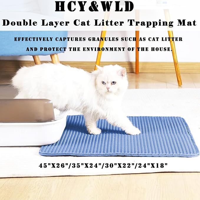 HCY&WLD Cat Litter Mat, Double Layer Cat Litter Box Mat (45x26 Inch, Blue) | Waterproof Urine-Proof Non-Slip Litter Trapping Mat, Soft on Kitty Paws, Scratch-Resistant, Scatter Control, Easy to Clean