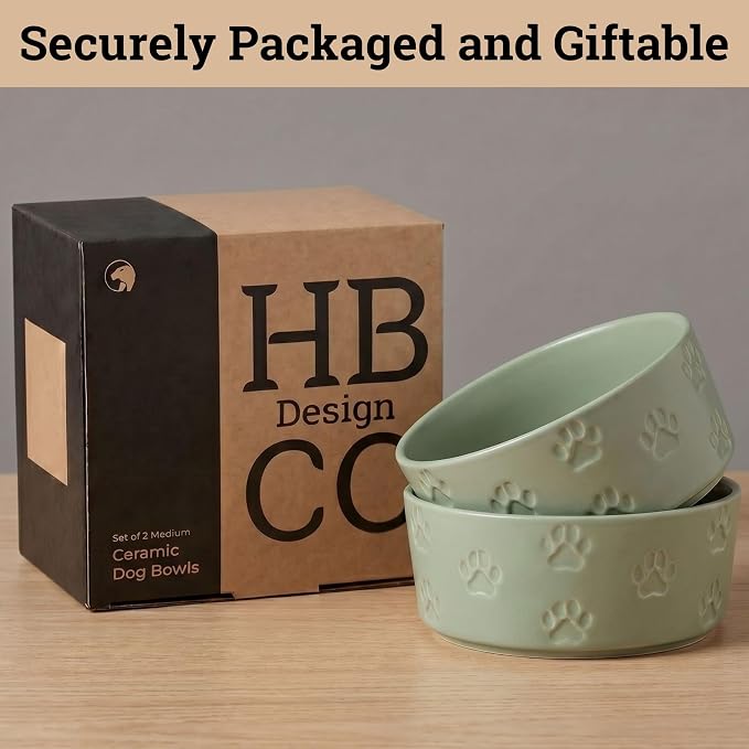 Ceramic Dog Bowl Set of 2 w/ Anti-Skid Base 6.5"W x 2.5"H, 3.8 Cup Capacity | Thick Ceramic, Dishwasher Safe, Anti-Skid Rubber Base, 3.8 Cups per Bowl, Ceramic Food & Water Bowls Set of 2 for Medium Dogs