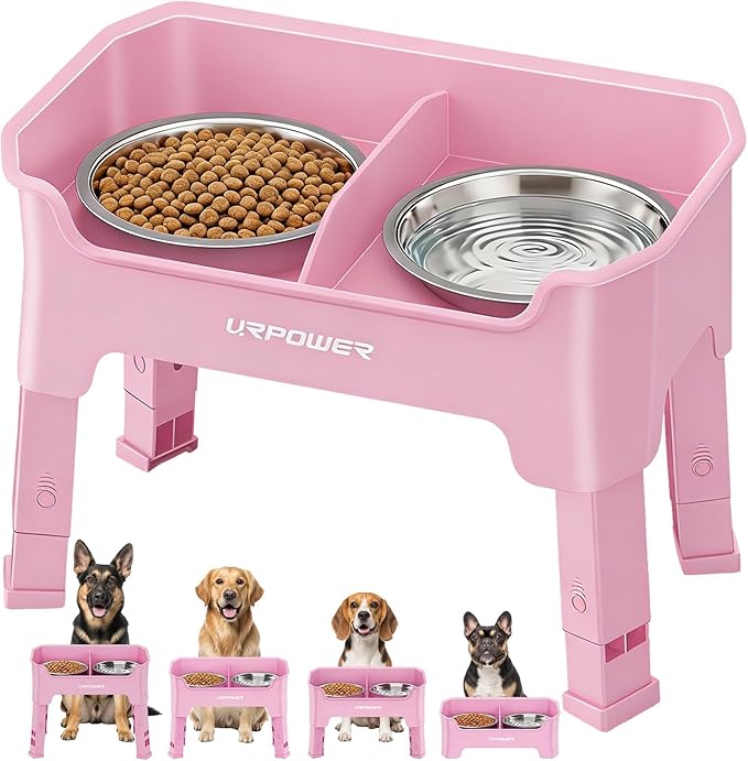 URPOWER Mess Proof Elevated Dog Bowls, Splash Guard Raised Bowl Stand | 4 Height Adjustable Raised Stand with 2 Stainless Steel Food Bowls & Licking Plate for Small, Medium & Large Dogs