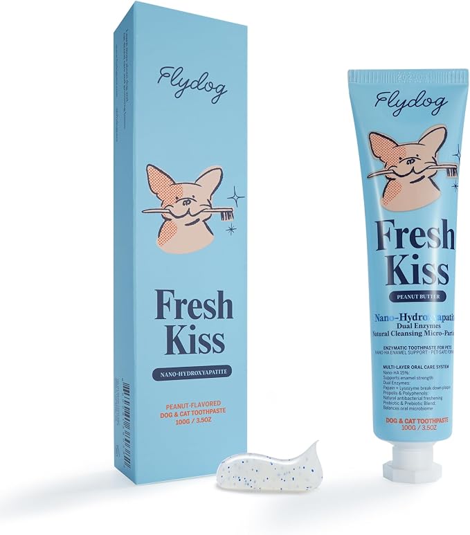 FlyDog Fresh Kiss Remineralizing Toothpaste for Dogs & Cats, Vet Approved Nano-Hydroxyapatite Dog Toothpaste - Rebuild Enamel, Remove Tartar & Plaque, Freshen Breath, Plant-Based 3.5oz (Peanut Butter)