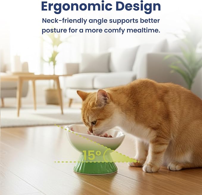 Strawberry Blooms Elevated Ceramic Cat Bowl, Green | Raised Cat Food Bowl with 15° Tilt, Whisker-Friendly Pet Feeding Bowl, Anti-Choking Dish, Dishwasher Safe