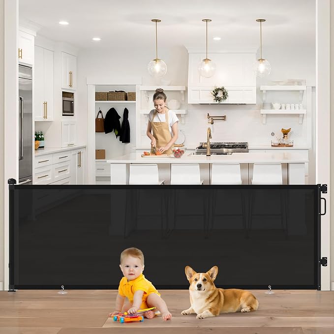 96" Retractable Baby Gate, Long Mesh Dog Gate for Garage Deck Porch | Strong Suction Disc Prevent Crawling Under, 34" Tall Child Safety Gate for Large Openings, Indoor Outdoor Use, Black