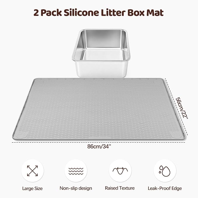 Cat Litter Mat for Litter Box 2 Pack 34" x 22" Silicone Mat, Light Grey | Extra Large Cat Litter Mat Litter Trapping Mat, Non-slip, Waterproof litter box mat with Raised Edge, Pet Mat for Cat, Dog