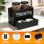 Dog Treat Jar for Countertop, 9.8 * 5.1 * 6'' 2 Layer Dog Treat Container with Drawer 2Jars and Sticker Wooden Pet Food Organizer Storage Basket For Pets Great Gift for Pets' Owners (Black)