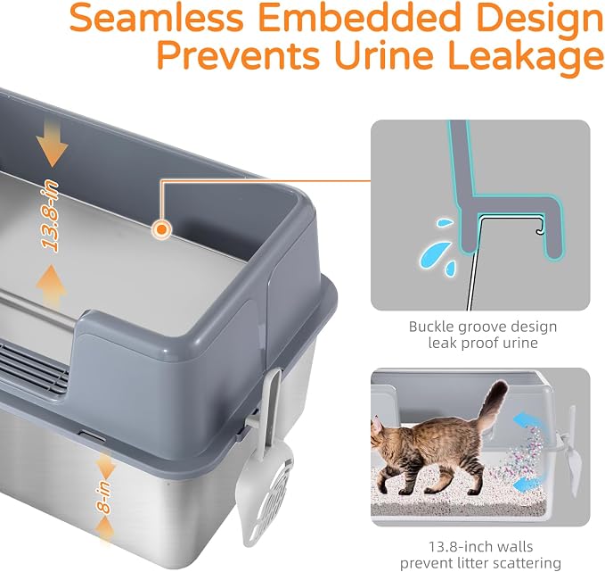 Stainless Steel Cat Litter Box with Lid, 23.7" L x 15.8" W x 13.8" H XL Metal Kitty Litter Box for Big Cats, High Sided Enclosure, Non-Sticky, Anti Urine Leakage, Easy Cleaning