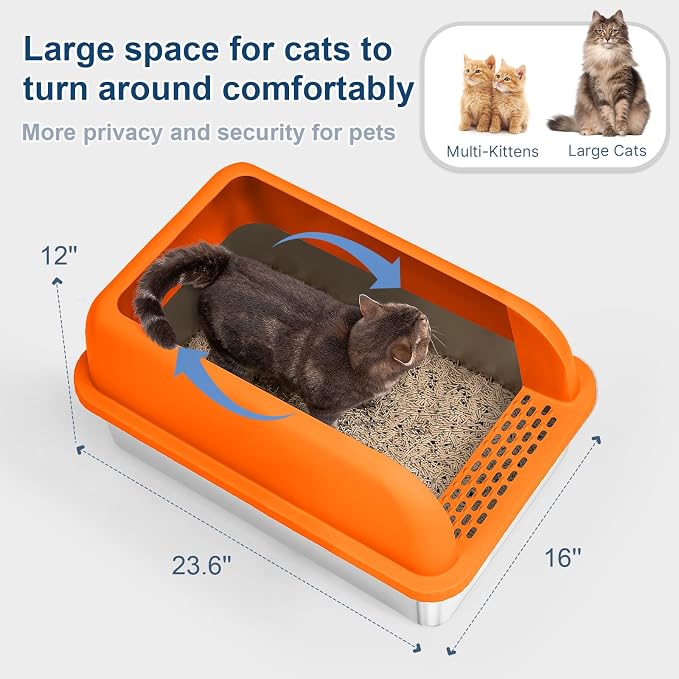 Suzzipaws XL Enclosed Stainless Steel Cat Litter Box for Big Cats | High-Side Anti-Leakage Stainless Steel Litter Box, Non-Sticky, Easy-Clean, Less Tracking for Multi-Cat Homes, Orange