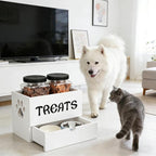 Dog Treat Jar for Countertop, 9.8 * 5.1 * 6'' 2 Layer Dog Treat Container with Drawer 2Jars and Sticker Wooden Pet Food Organizer Storage Basket For Pets Great Gift for Pets' Owners (White)