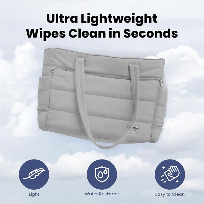 Rubyloo Puffer Dog Travel Bag for Dog Moms, Diaper Bag with Travel Bowls | 2 BPA-Free Collapsible Bowls, 2 Pet Food Containers, 9 Pockets, Everyday Puffer Bag Works With or Without Your Dog, Grey