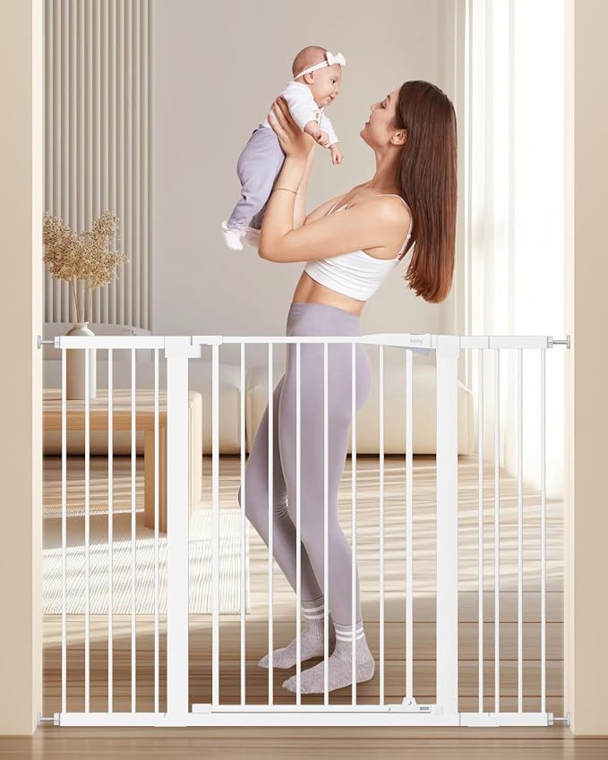 keny 36" Extra Tall Baby Gate for Stairs, Auto Close Dog Gate for Doorways | 29.7-51.5" Adjustable Width, Easy Walk Thru Pet Gate with 21.1" Large Opening Door, White