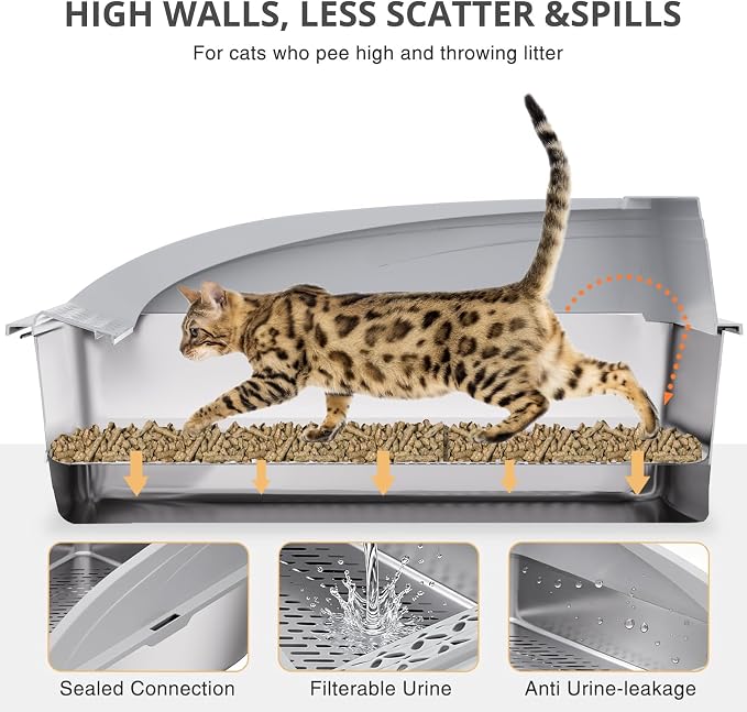 23.6"x15.7"x13.78" Stainless Steel Sifting Litter Box, XXL Sifting Cat Litter Box for Pine Pellets with 8" Deep Pan, High Sides Metal Litter Box for Big Cats, Easy-to-Clean
