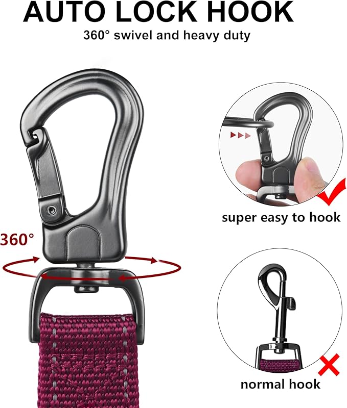 Twoear 6FT 1IN Heavy Duty Dog Leash for Large Dogs with 2 Padded Handles | Traffic Handle Extra Control, Auto Lock Hook, Strong Reflective Walking Leash for Night Safety, Medium and Large Breeds,Rose