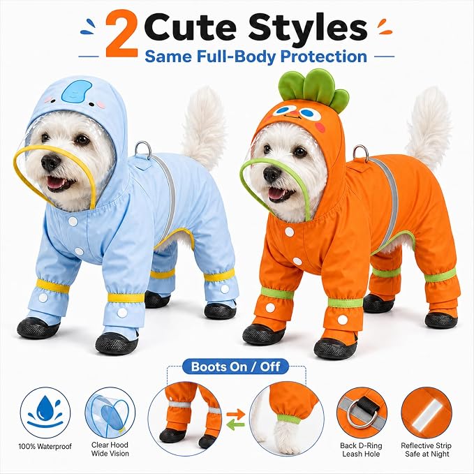 Dog Raincoat with Removable Boots, Clear Hood, Blue, L (9-13 lb) | 300D polyester with full-body coverage, reflective trim and a back D-ring for snowy, muddy and low-light walks and home use
