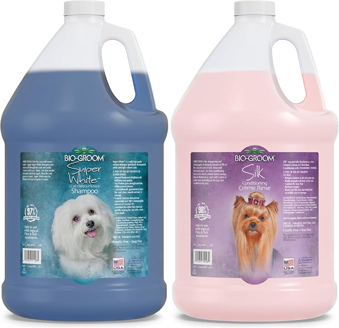 Bio-Groom Super Whitening Dog Shampoo, Cruelty-Free, 1 Gallon Each, Pack of 2 | Silk Creme Rinse Conditioner, Dog & Pet Bathing Supplies, Hair Detangler, Puppy Wash, Grooming Supplies