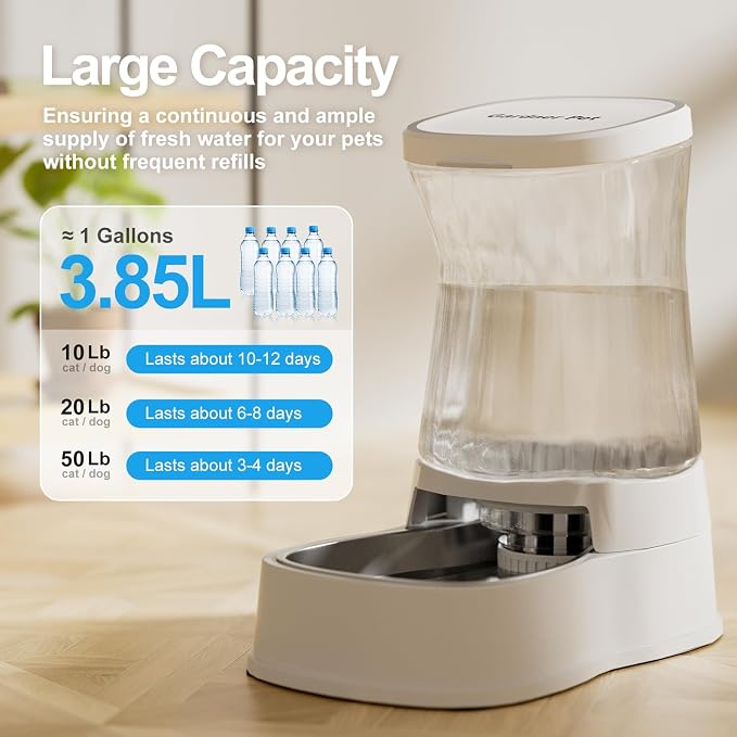Automatic Gravity Water Dispenser for Dogs, 1Gallon Stainless Steel Water Bowl Dispenser, 100% BPA-Free Dog Water Fountain Dispenser for Small&Medium Dogs, Cats, Puppies(White)